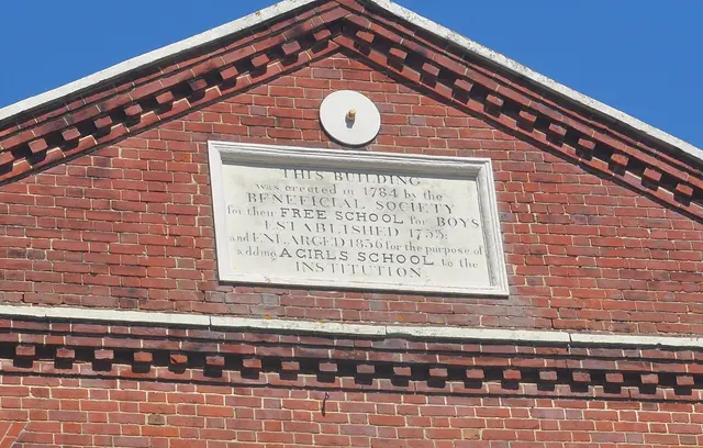 Stone tablet in the brick pediment of 42 Kent Street recording that the building was erected in 1784 by the Beneficial Society
